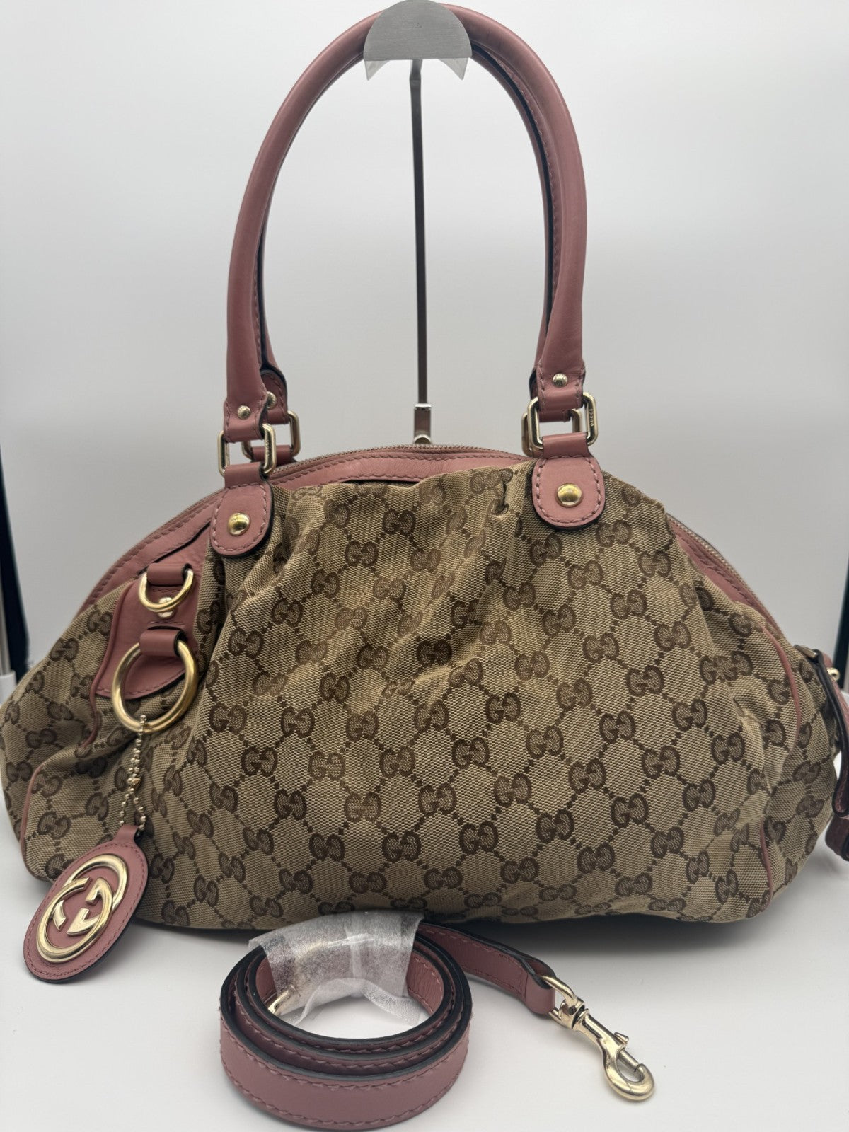 Gucci Sukey Satchel — Beige GG Canvas & Pink