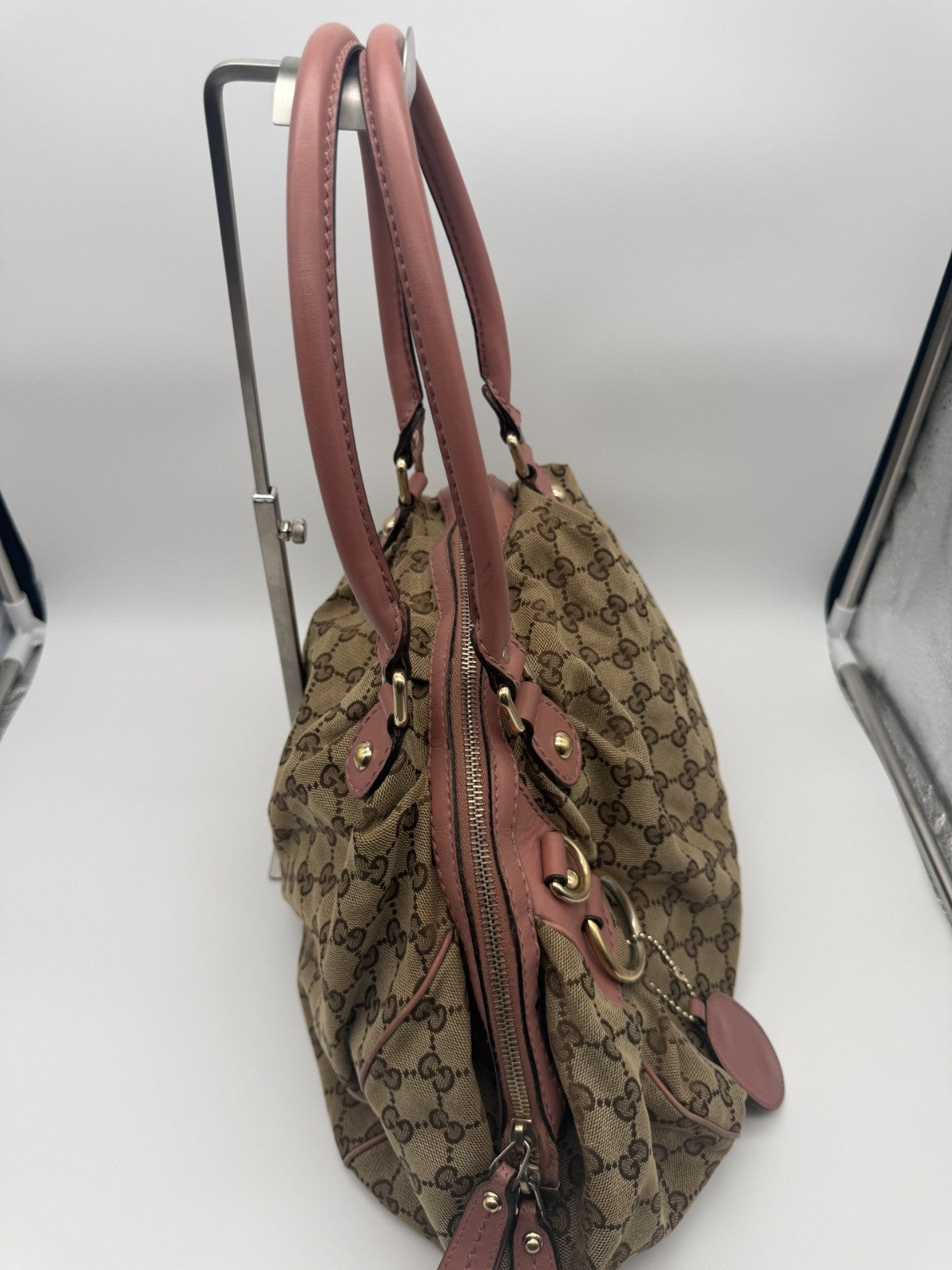 Gucci Sukey Satchel — Beige GG Canvas & Pink