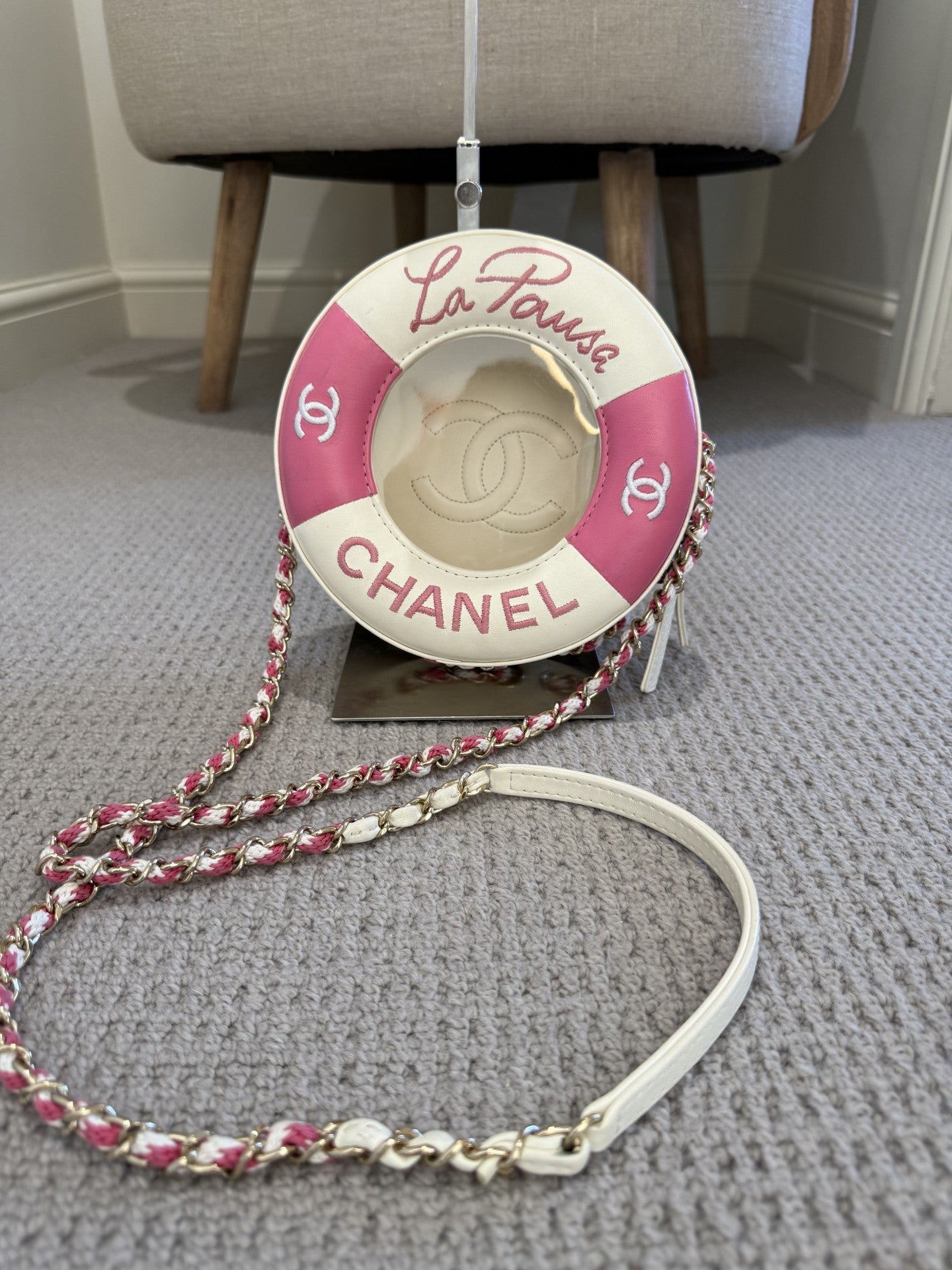Chanel La Pausa Lifesaver Bag — Pink & White Lambskin, Cruise 2019 Limited Edition