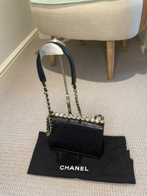 CHANEL Black Quilted Flap Bag — Rare Pearl & Gold Letter Bead Trim