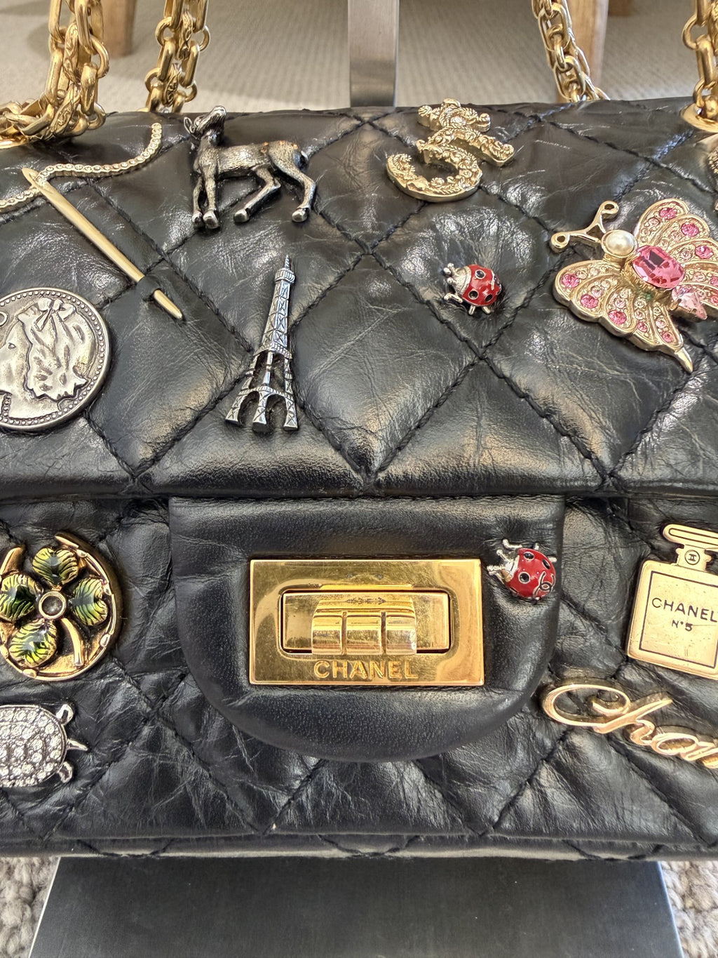 Chanel Lucky Charms 2.55 Reissue Double Flap Bag — Black Aged Calfskin, Gold Hardware, Limited Edition