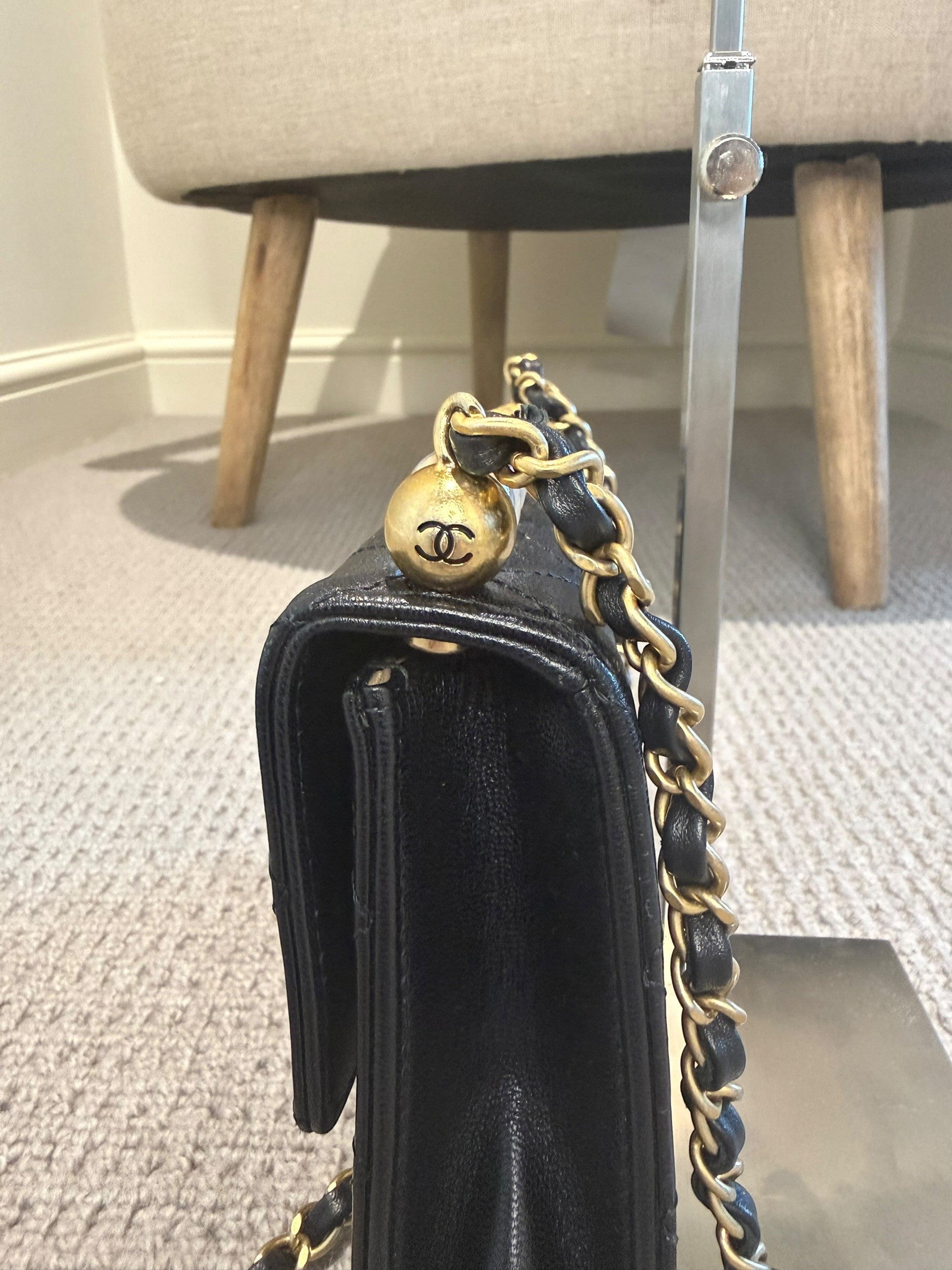 CHANEL Black Quilted Flap Bag — Rare Pearl & Gold Letter Bead Trim