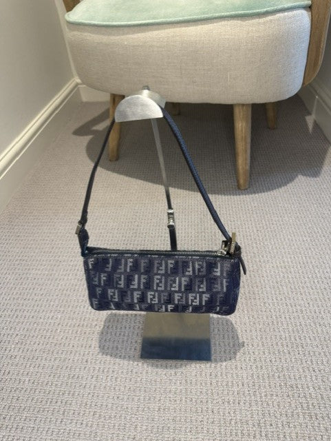 Fendi Denim Zucchino Mini Pochette – Y2K FF Monogram, Silver Hardware