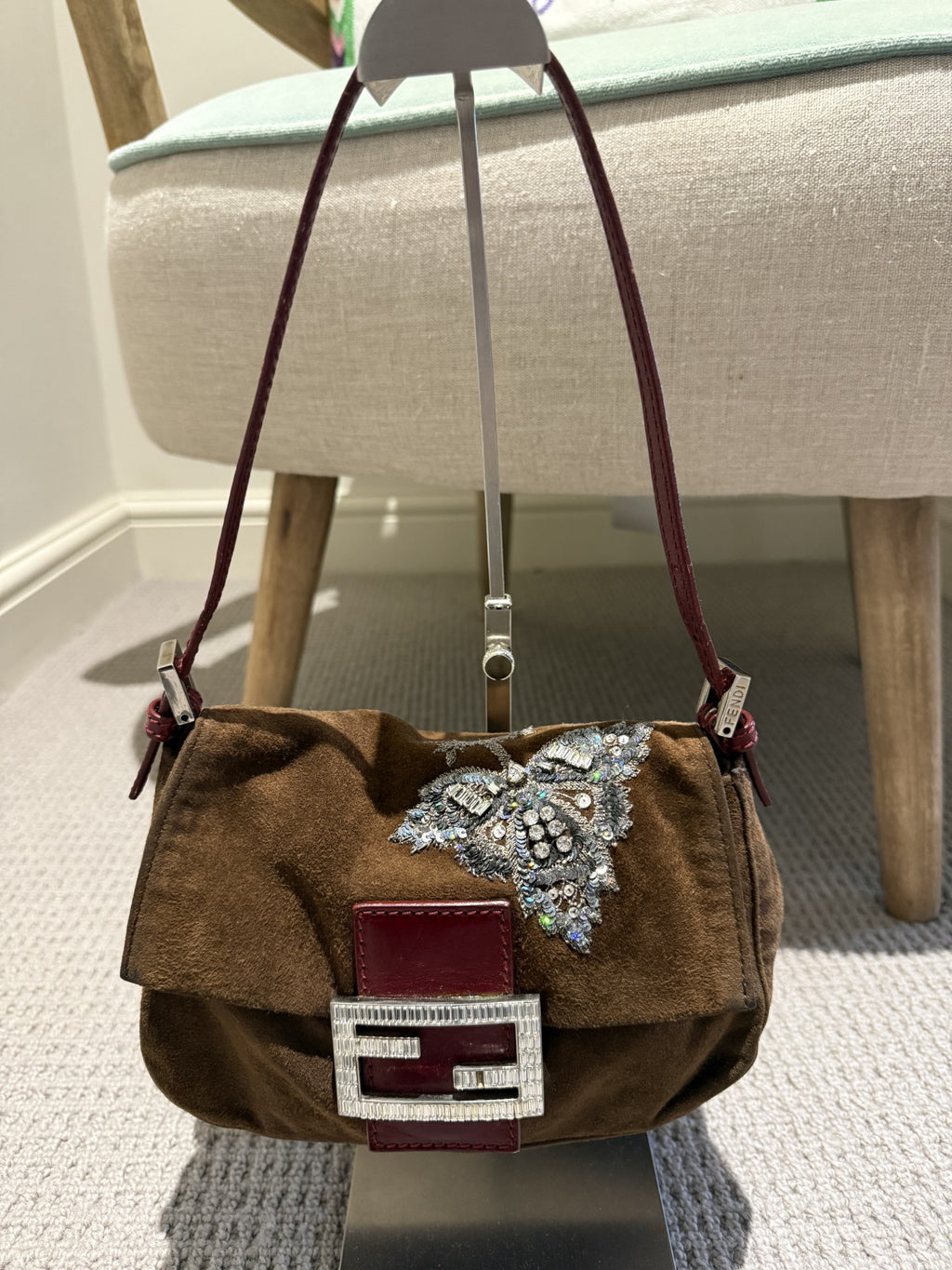 Fendi Mini Mamma Baguette — Chocolate Suede with Crystal Buckle