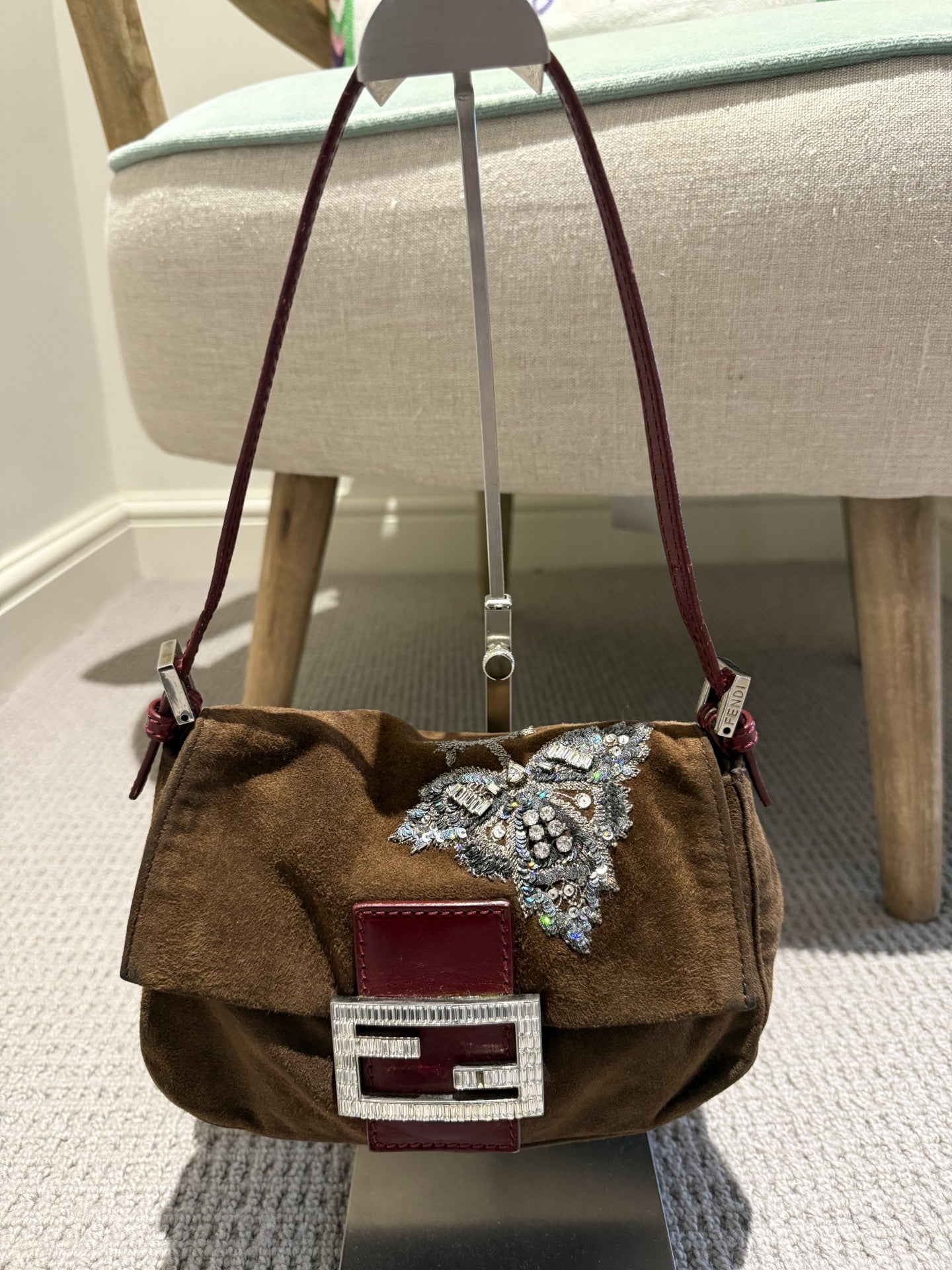 Fendi Mini Mamma Baguette — Chocolate Suede with Crystal Buckle