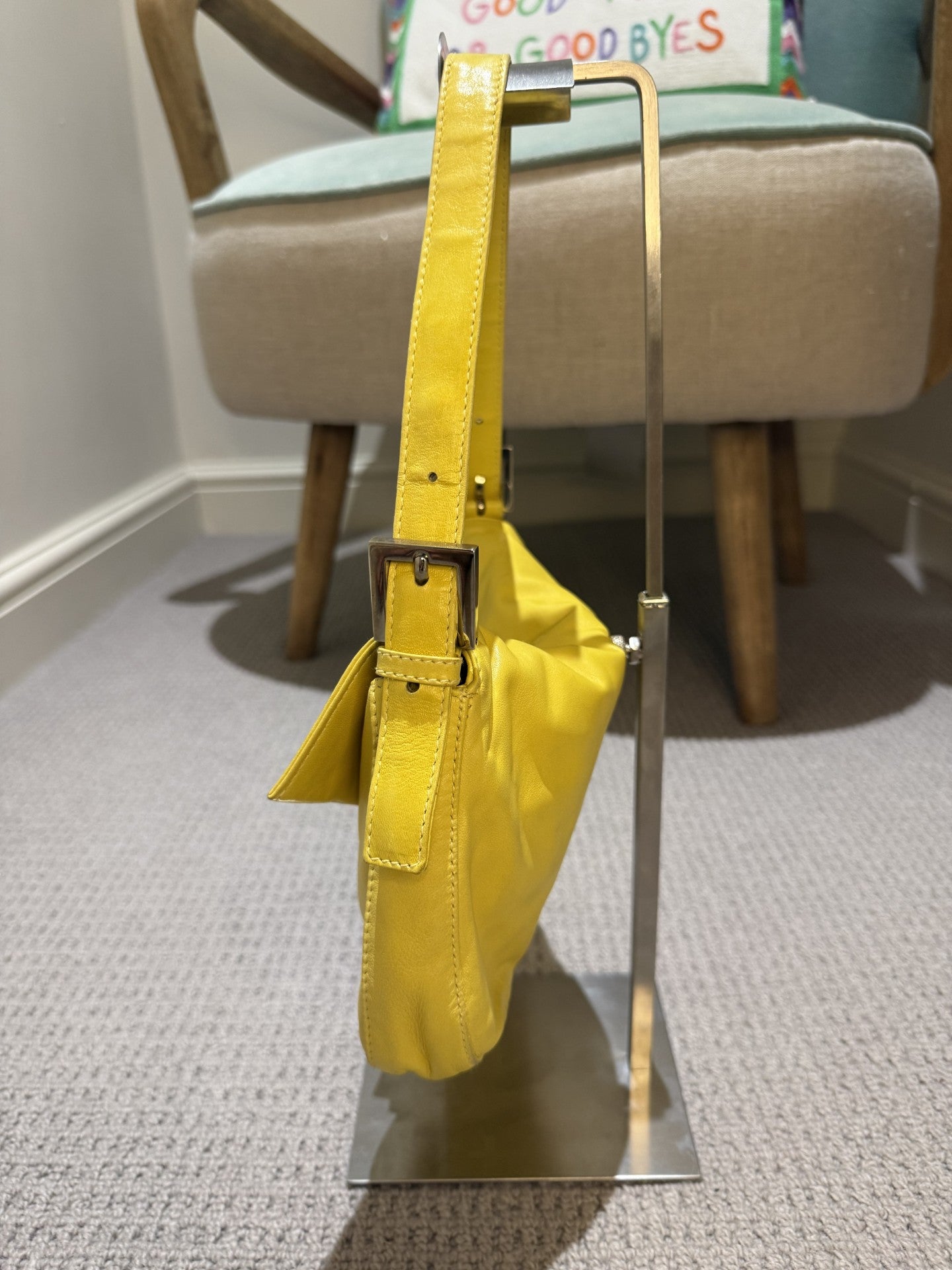 Vintage Fendi Baguette Pale Yellow Leather & Green Buckle Shoulder Bag — Rare Colourway
