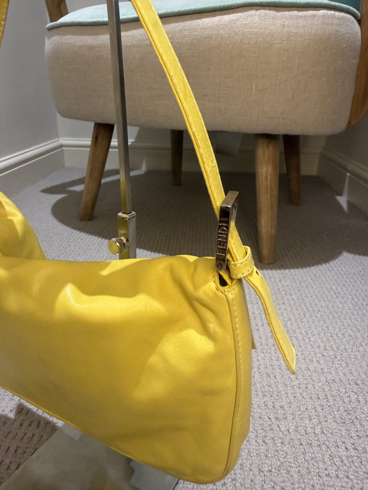 Vintage Fendi Baguette Pale Yellow Leather & Green Buckle Shoulder Bag — Rare Colourway