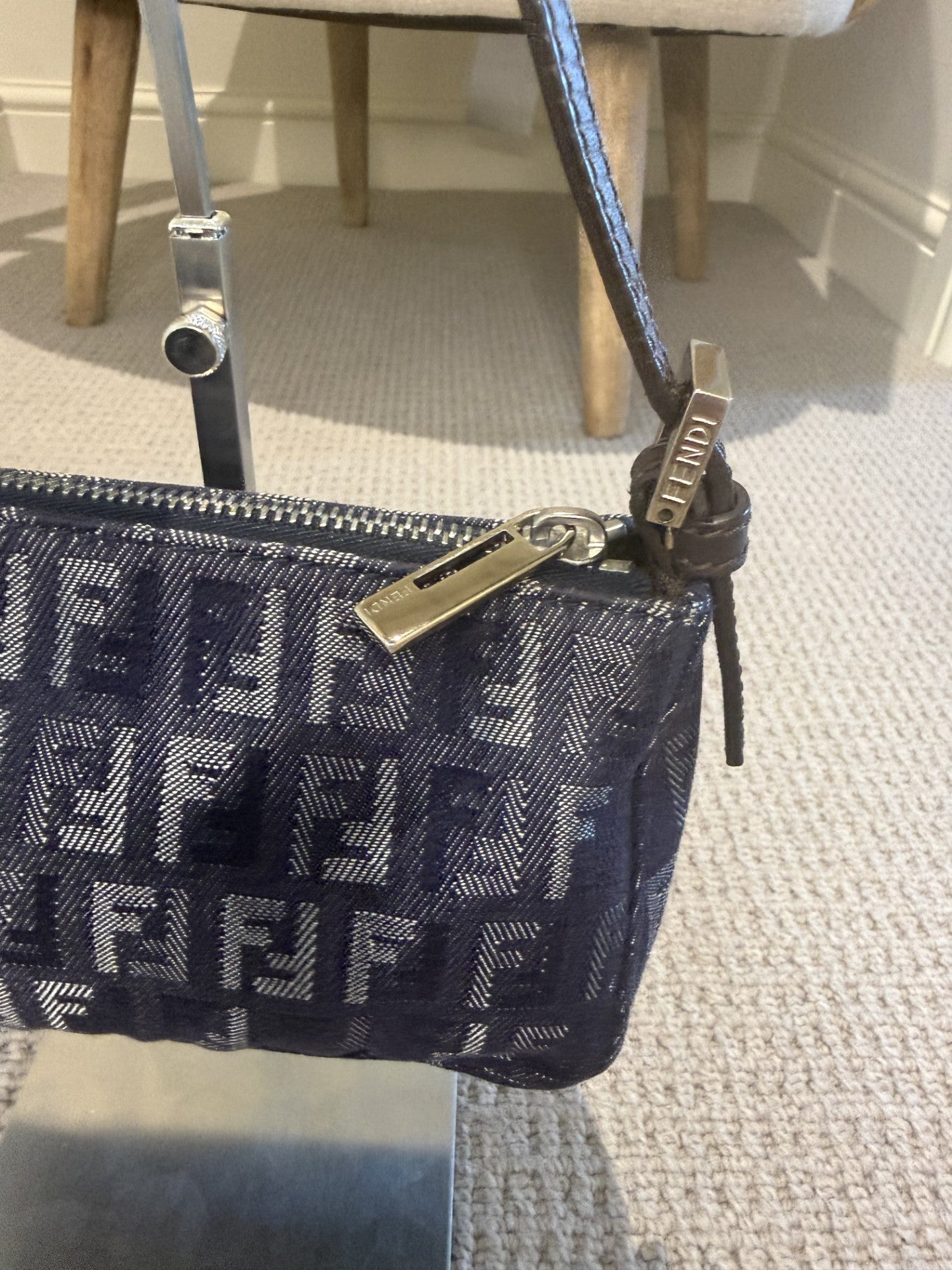 Fendi Denim Zucchino Mini Pochette – Y2K FF Monogram, Silver Hardware