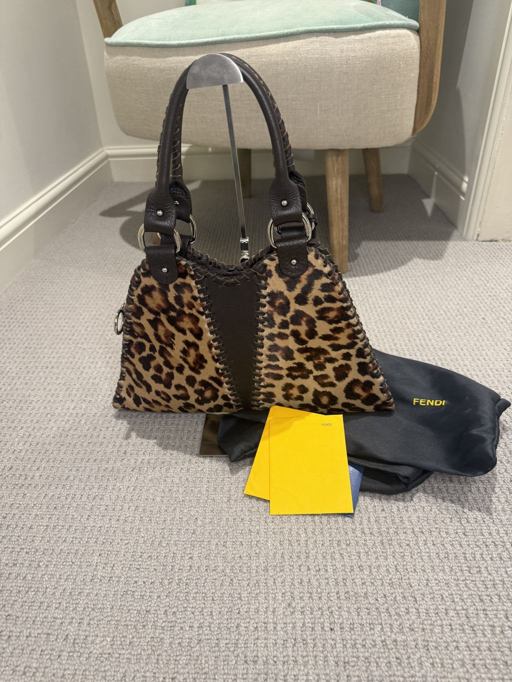 Preloved Fendi Leopard Pony Hair Shoulder Bag — Whipstitch Trim, Silver FF Charm