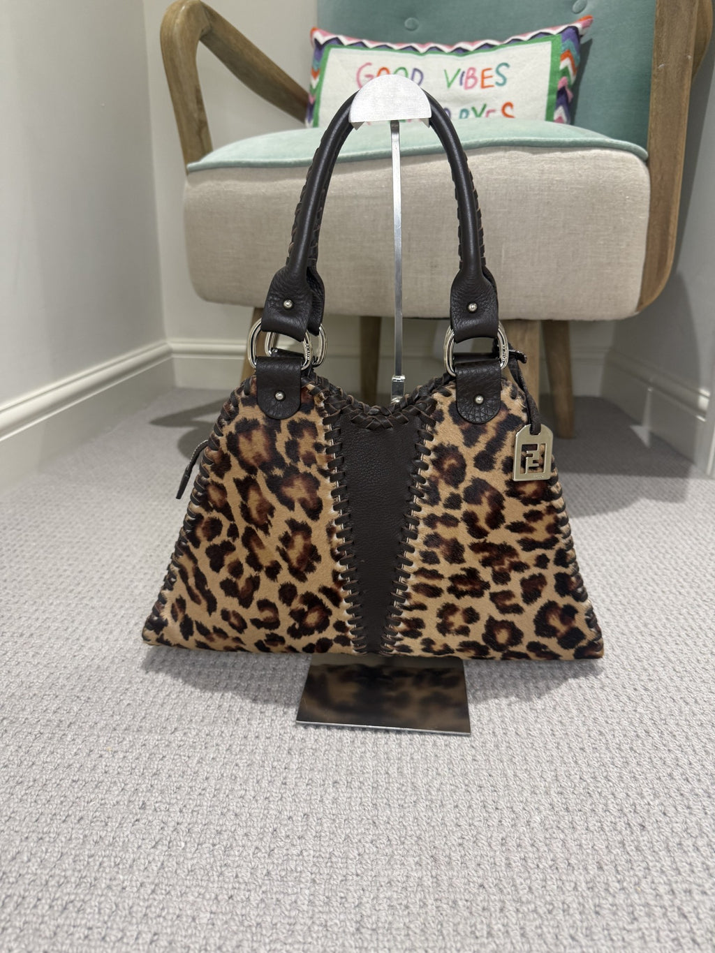 Preloved Fendi Leopard Pony Hair Shoulder Bag — Whipstitch Trim, Silver FF Charm