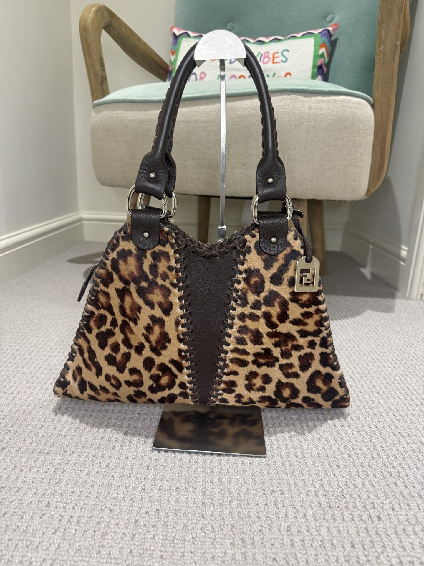 Preloved Fendi Leopard Pony Hair Shoulder Bag — Whipstitch Trim, Silver FF Charm