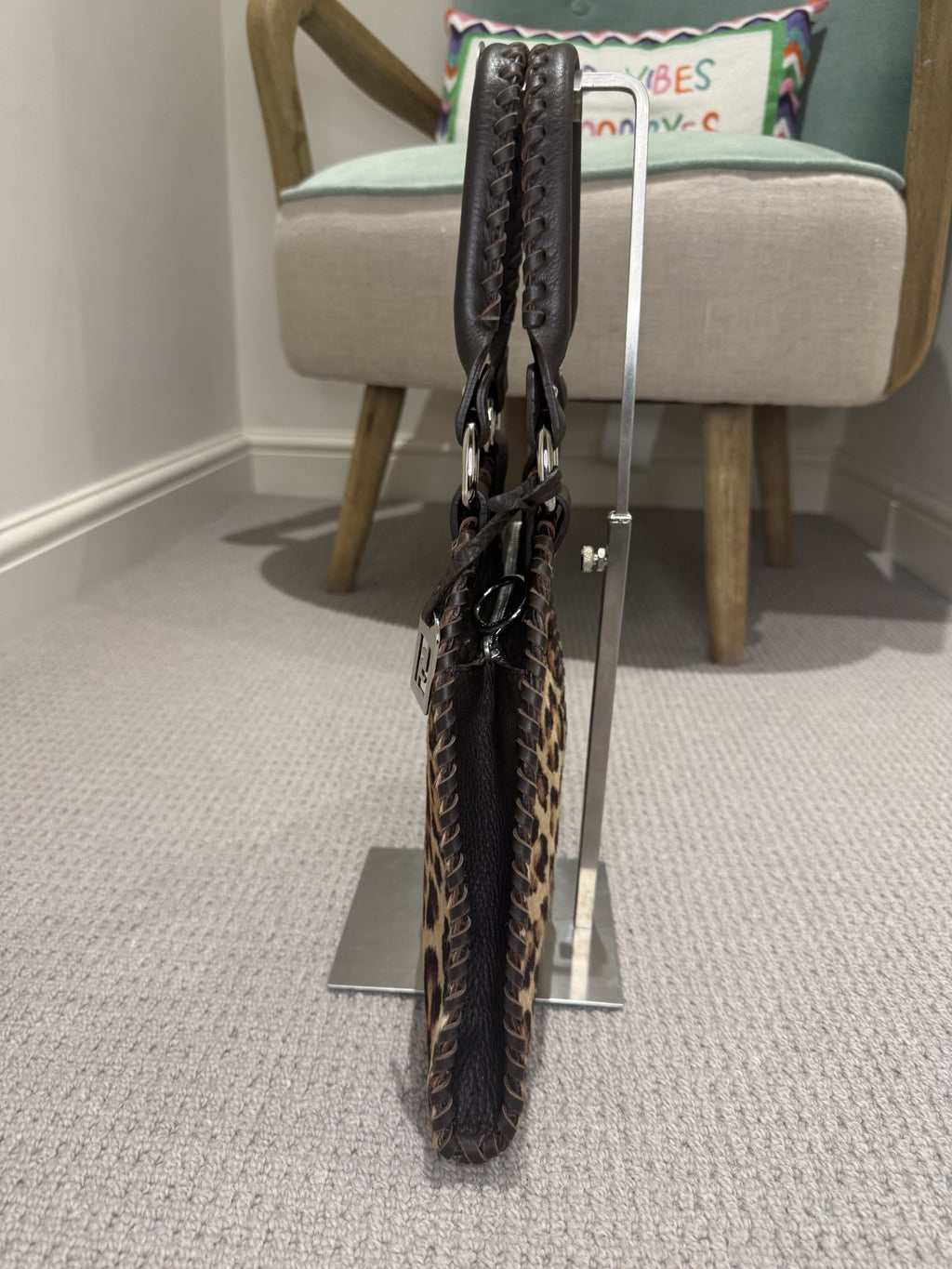 Preloved Fendi Leopard Pony Hair Shoulder Bag — Whipstitch Trim, Silver FF Charm