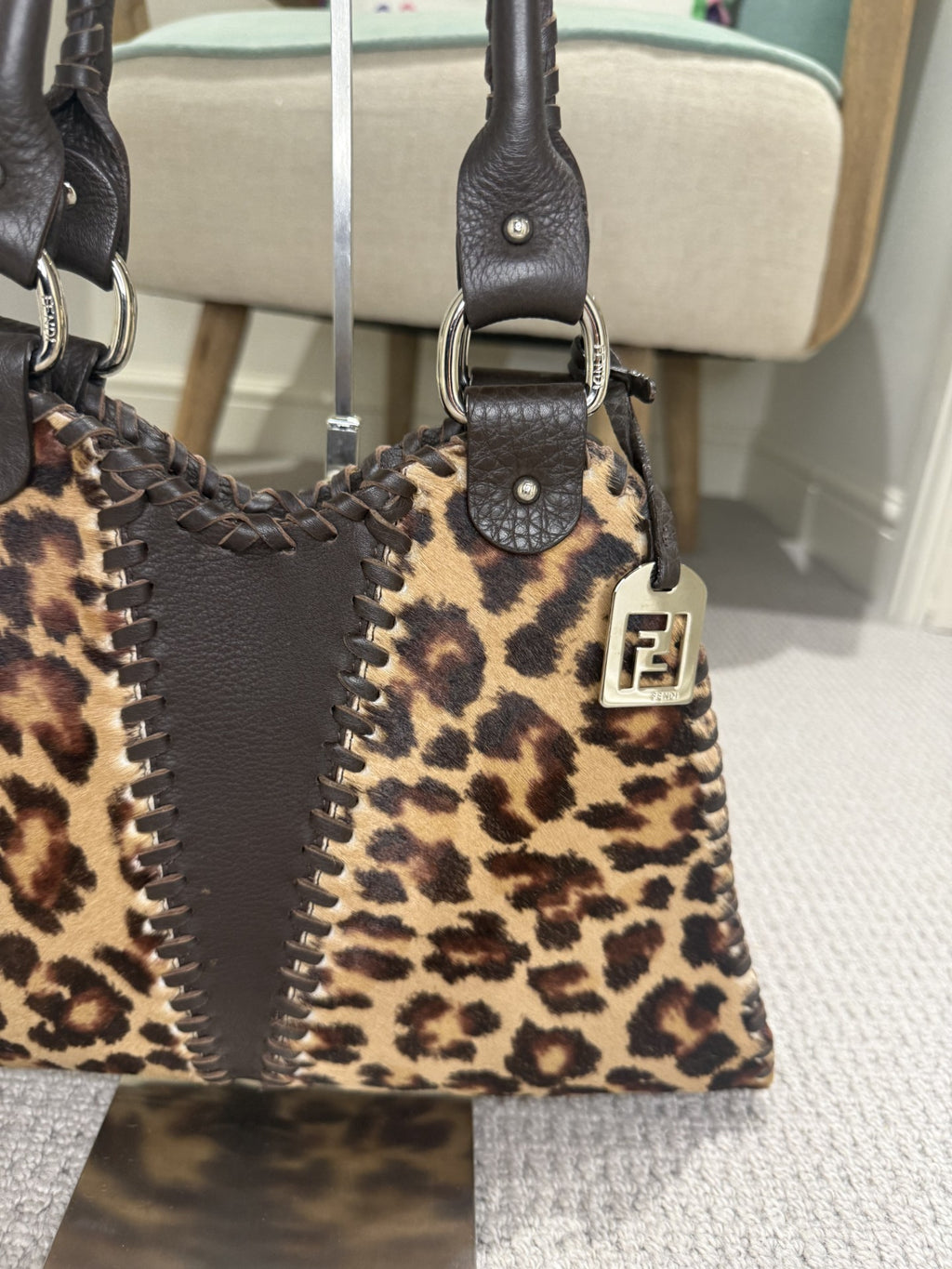 Preloved Fendi Leopard Pony Hair Shoulder Bag — Whipstitch Trim, Silver FF Charm