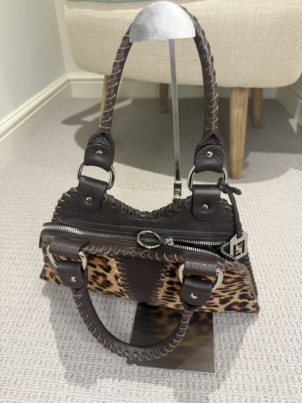 Preloved Fendi Leopard Pony Hair Shoulder Bag — Whipstitch Trim, Silver FF Charm