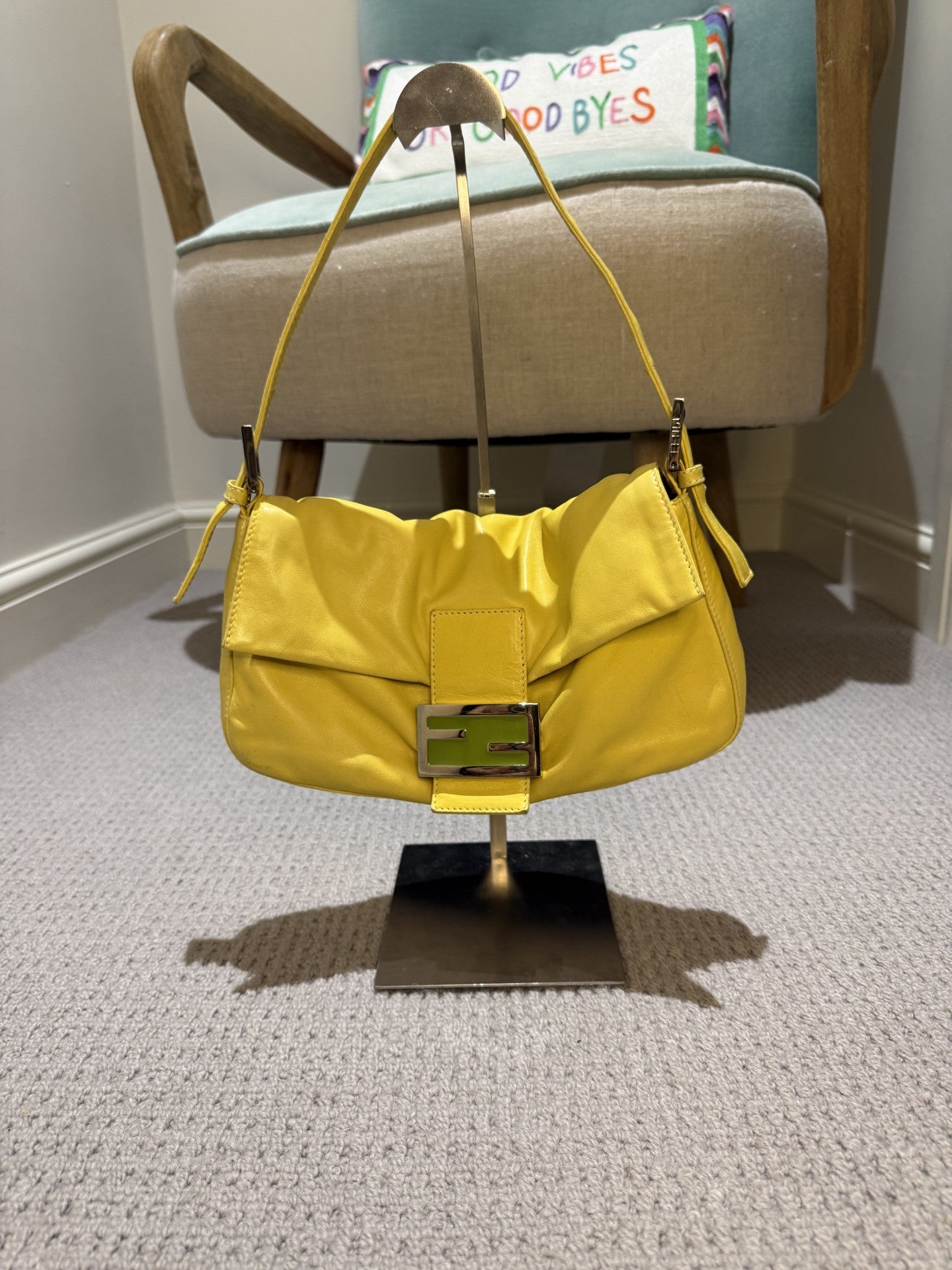 Vintage Fendi Baguette Pale Yellow Leather & Green Buckle Shoulder Bag — Rare Colourway