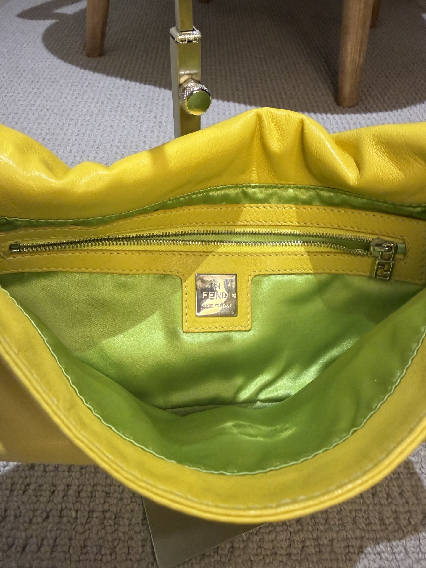 Vintage Fendi Baguette Pale Yellow Leather & Green Buckle Shoulder Bag — Rare Colourway