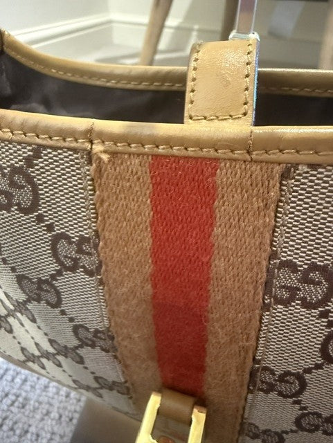 Preloved Gucci Jackie Medium Shoulder Bag – Beige GG Canvas, Gold Hardware