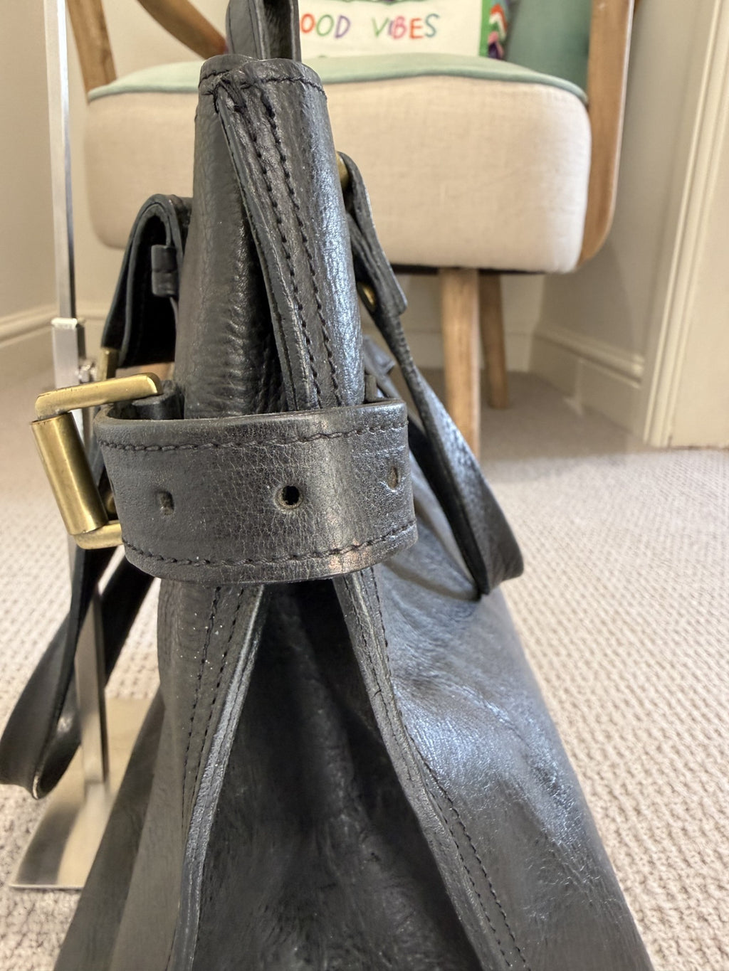 Mulberry Black Darwin Leather Belted Tote Bag – Vintage Pre-2005, Brass Hardware