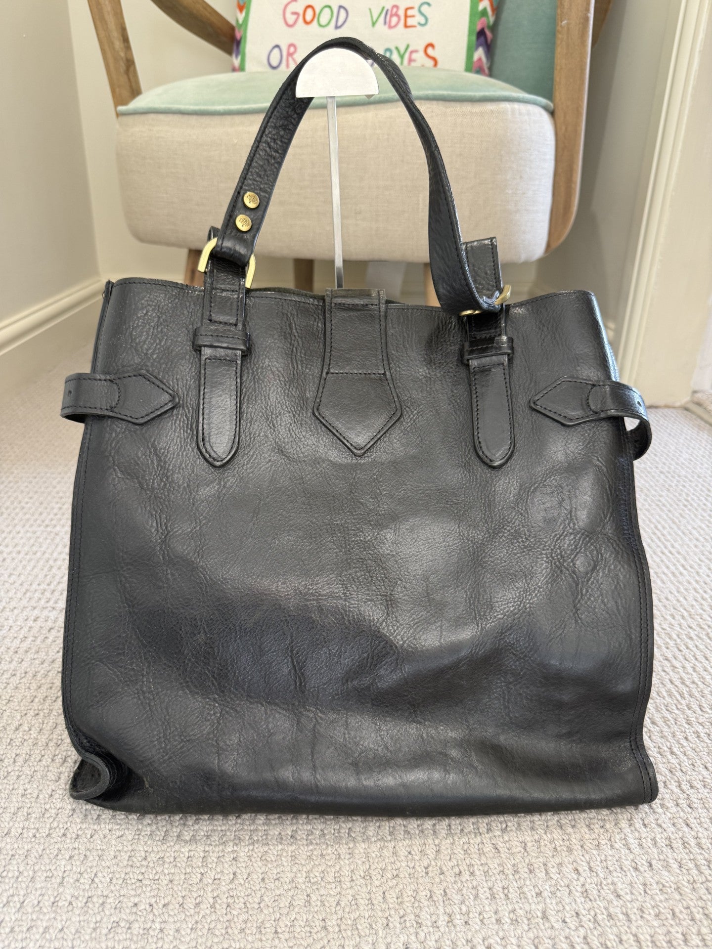 Mulberry Black Darwin Leather Belted Tote Bag – Vintage Pre-2005, Brass Hardware