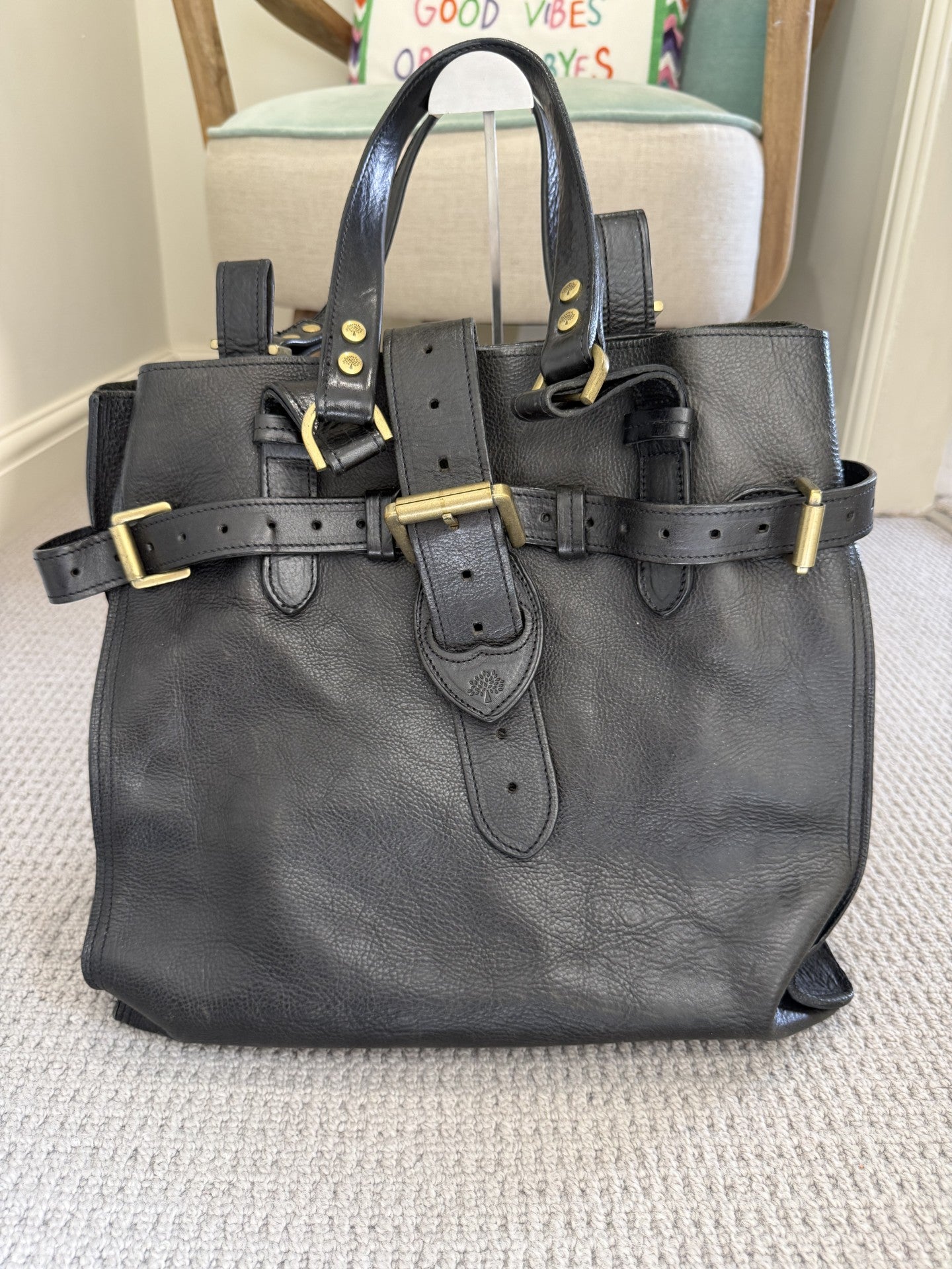 Mulberry Black Darwin Leather Belted Tote Bag – Vintage Pre-2005, Brass Hardware