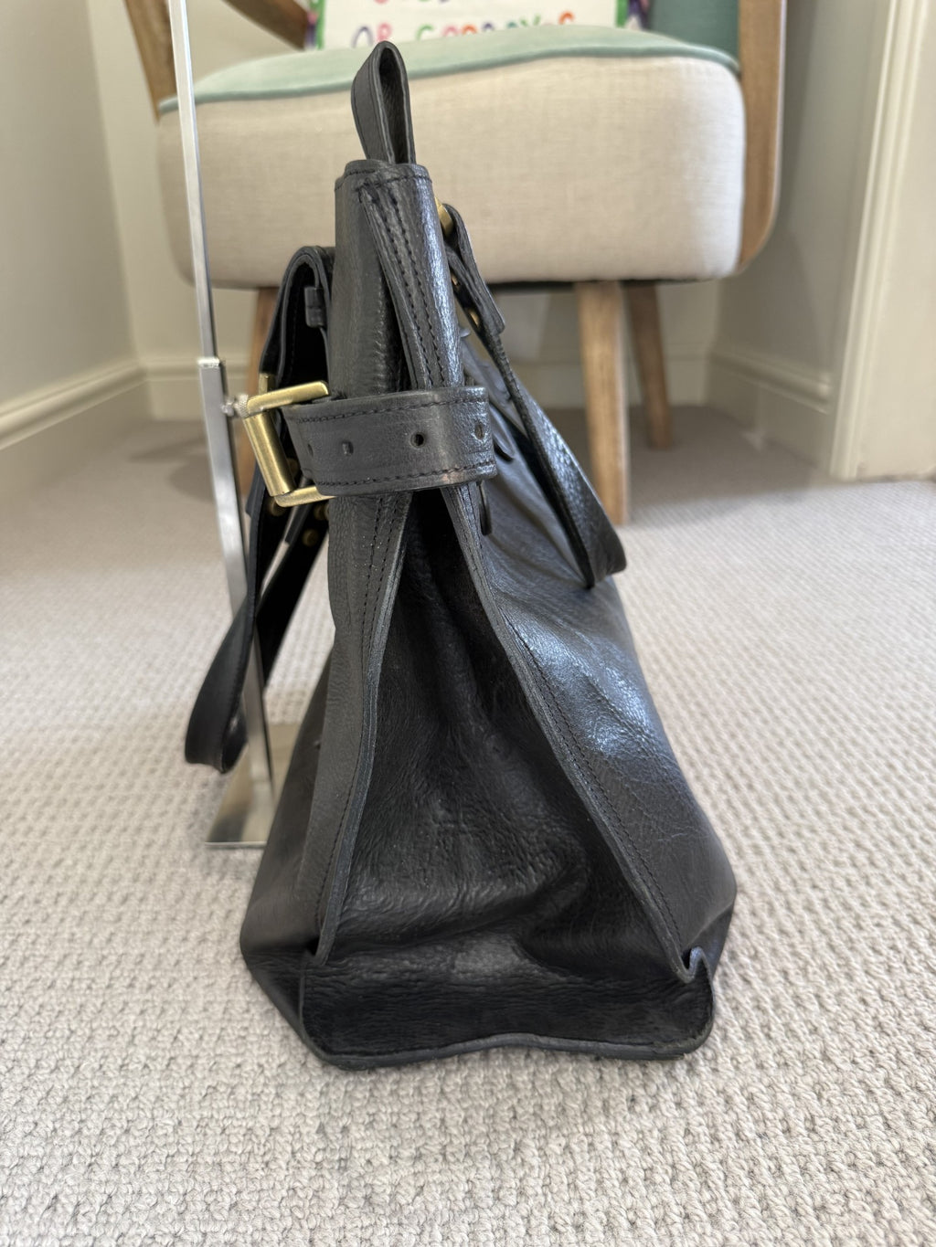 Mulberry Black Darwin Leather Belted Tote Bag – Vintage Pre-2005, Brass Hardware
