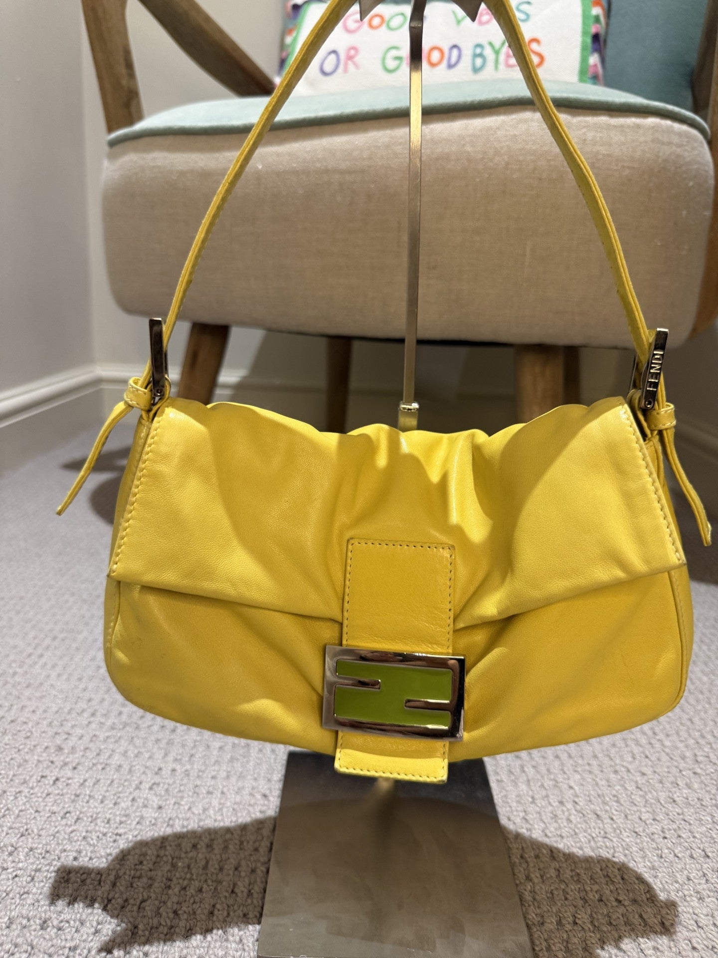 Vintage Fendi Baguette Pale Yellow Leather & Green Buckle Shoulder Bag — Rare Colourway