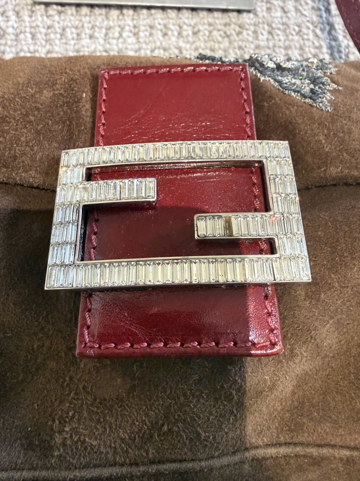 Fendi Mini Mamma Baguette — Chocolate Suede with Crystal Buckle