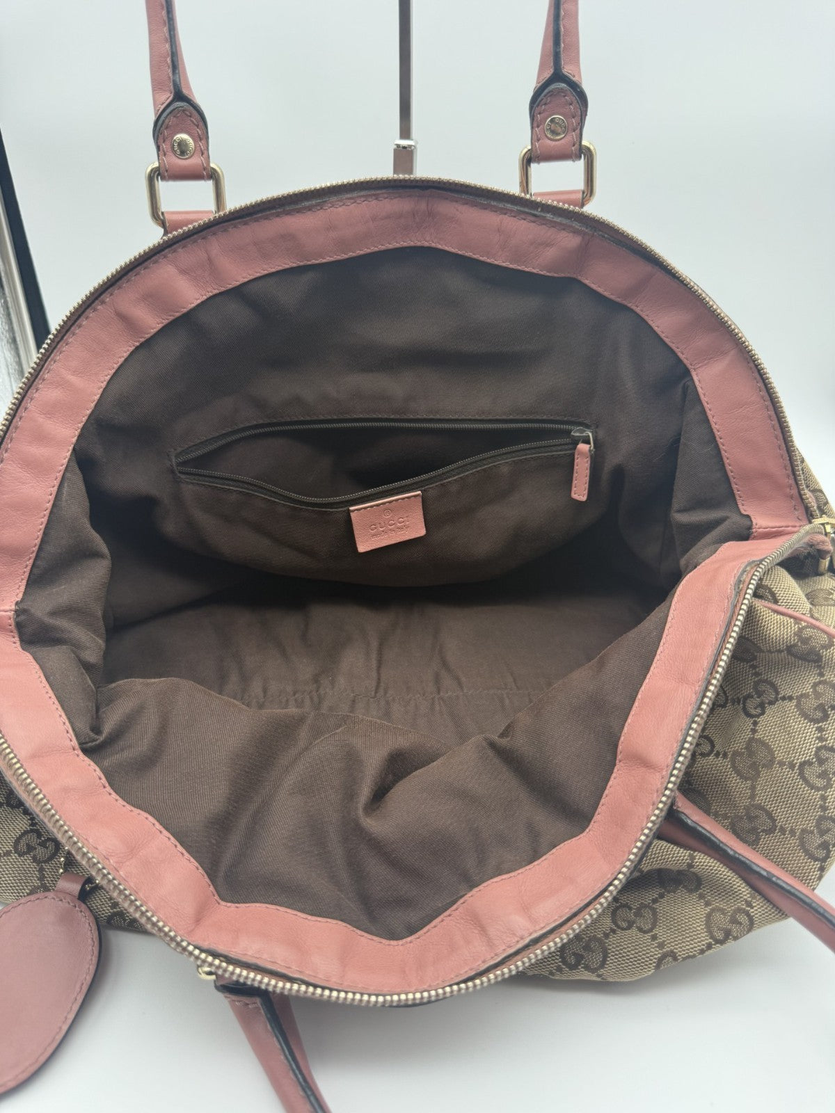 Gucci Sukey Satchel — Beige GG Canvas & Pink