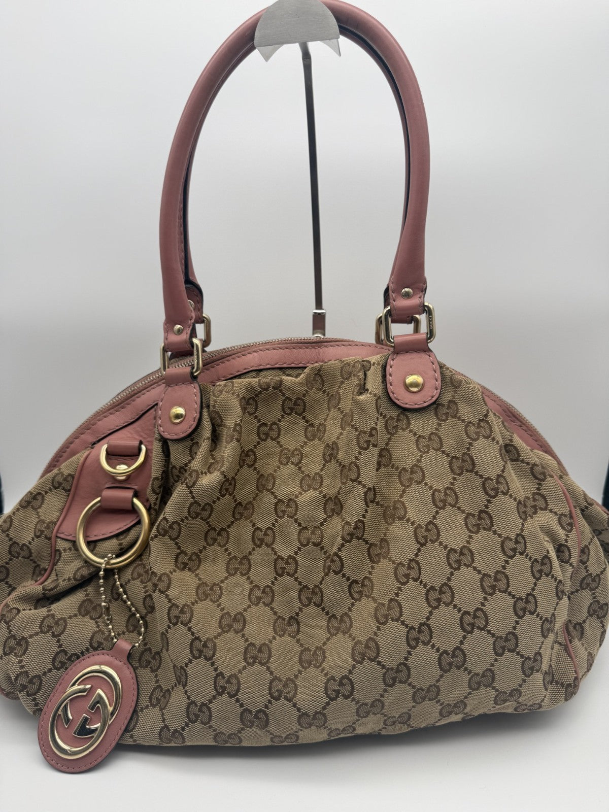 Gucci Sukey Satchel — Beige GG Canvas & Pink