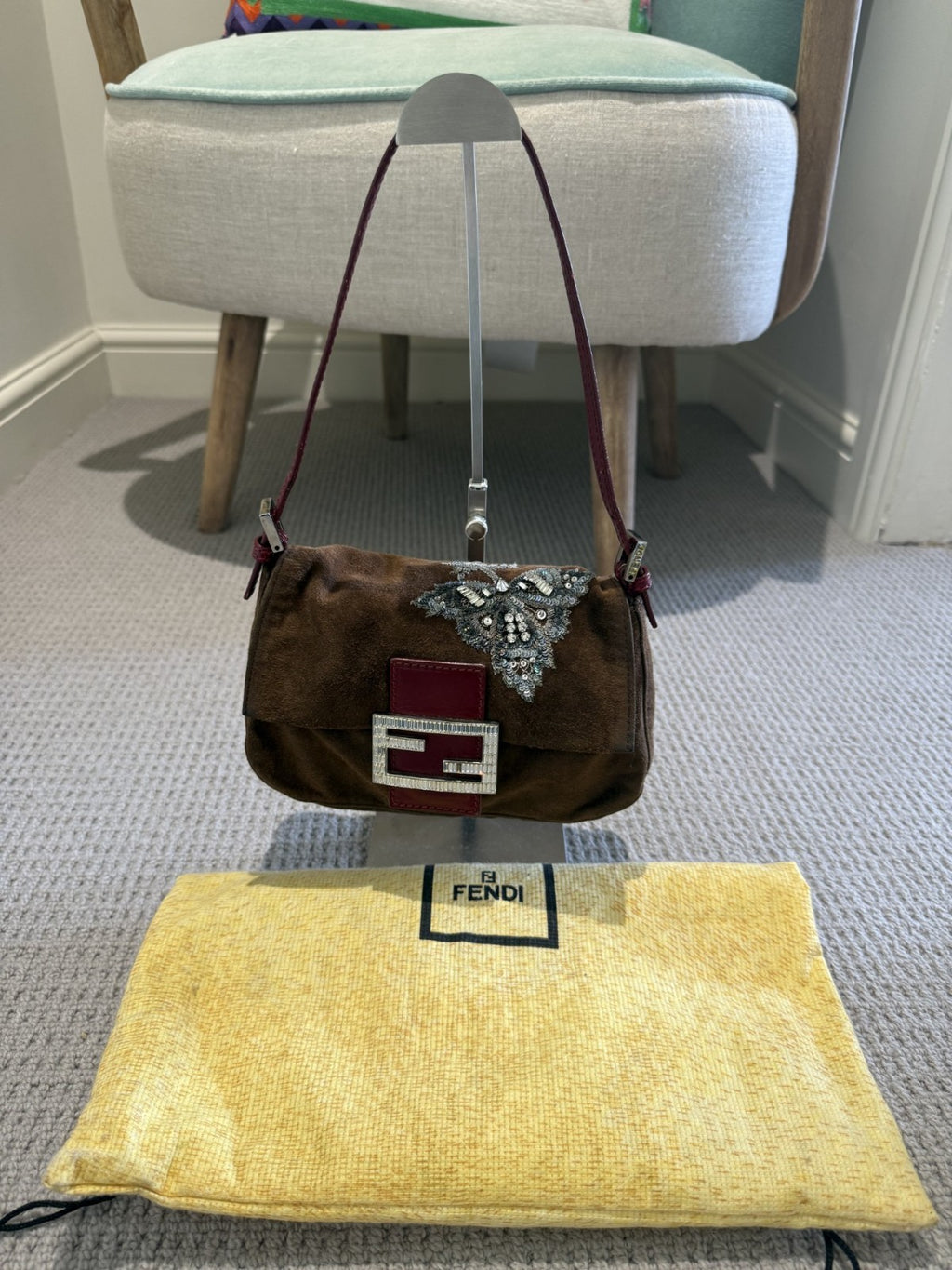 Fendi Mini Mamma Baguette — Chocolate Suede with Crystal Buckle