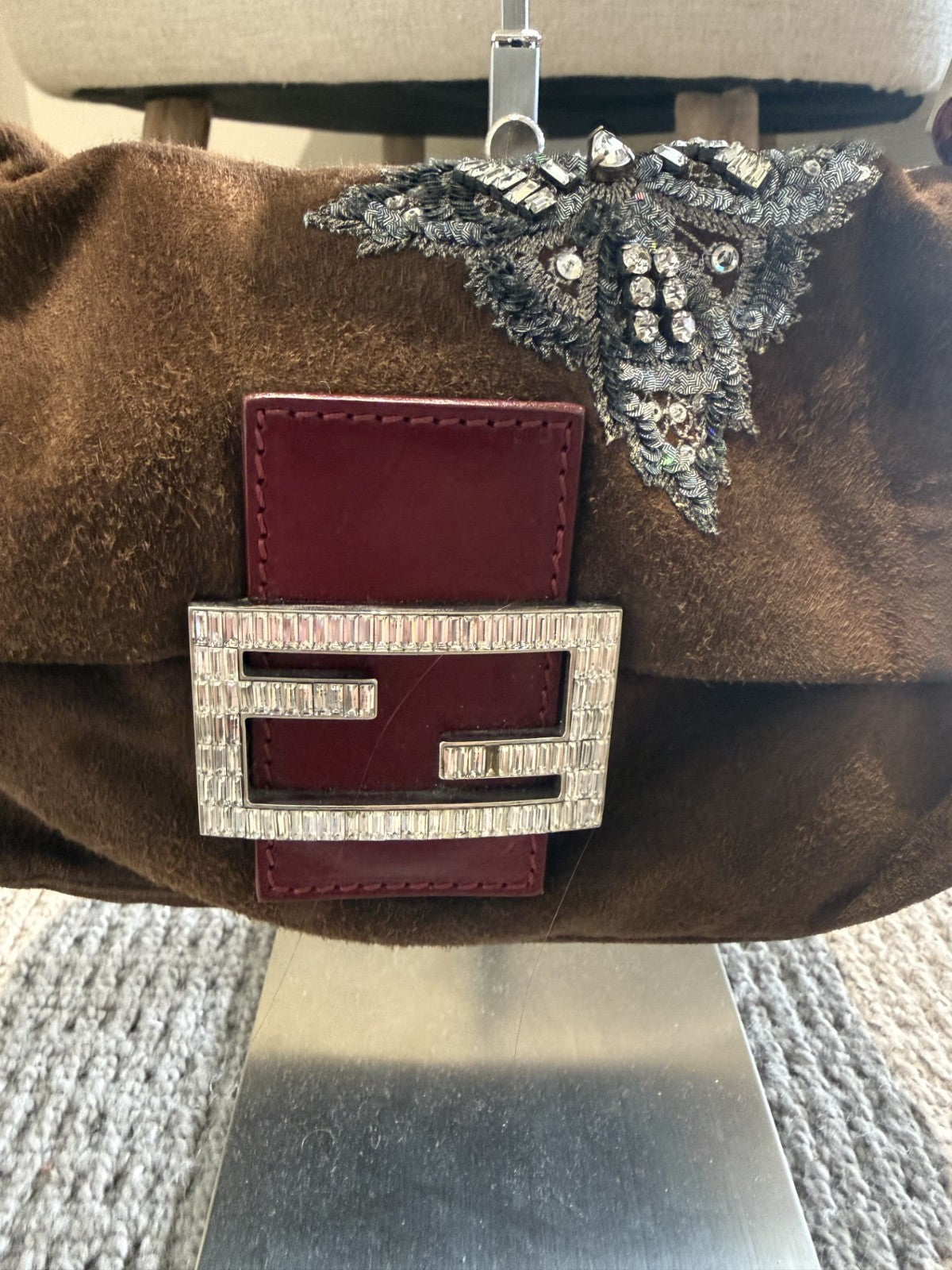 Fendi Mini Mamma Baguette — Chocolate Suede with Crystal Buckle