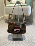 Fendi Mini Mamma Baguette — Chocolate Suede with Crystal Buckle