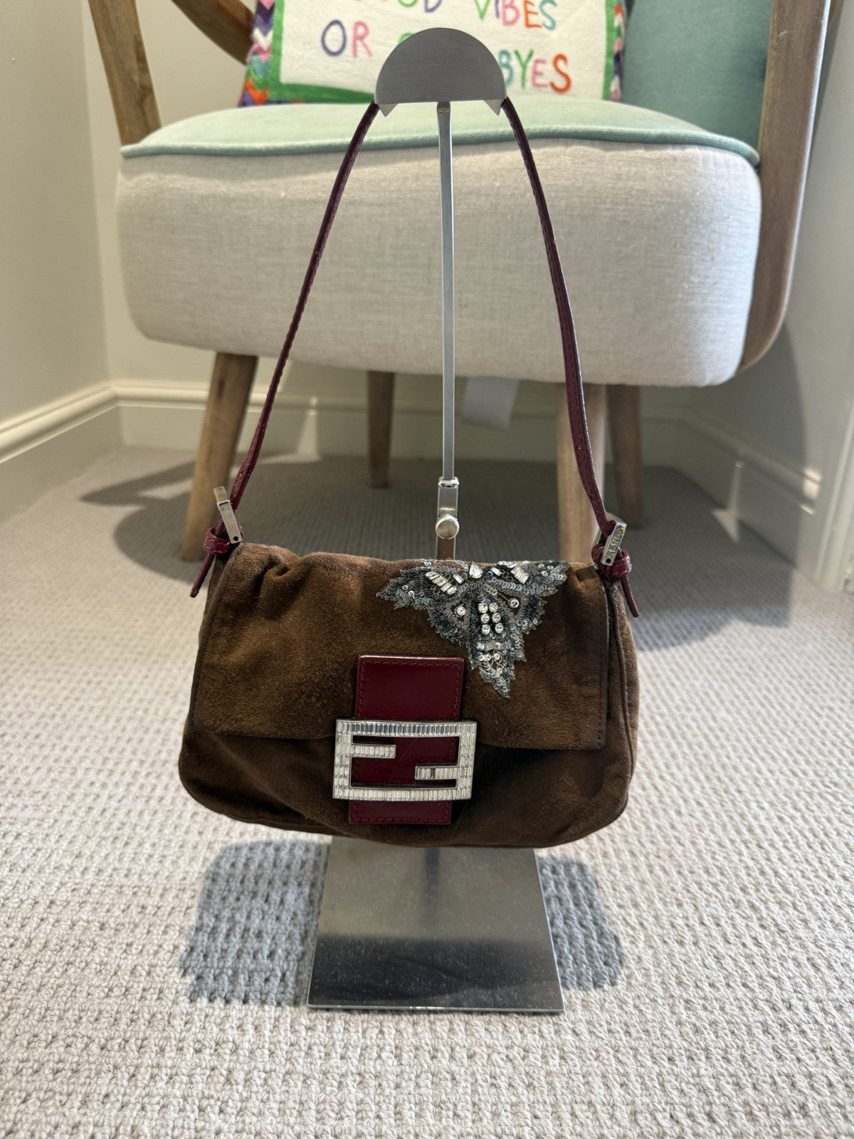Fendi Mini Mamma Baguette — Chocolate Suede with Crystal Buckle