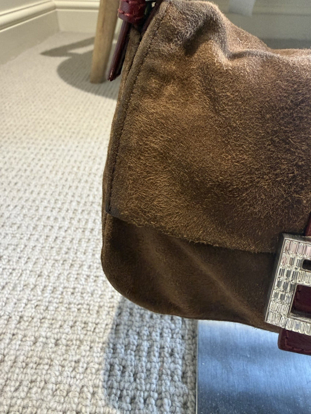 Fendi Mini Mamma Baguette — Chocolate Suede with Crystal Buckle