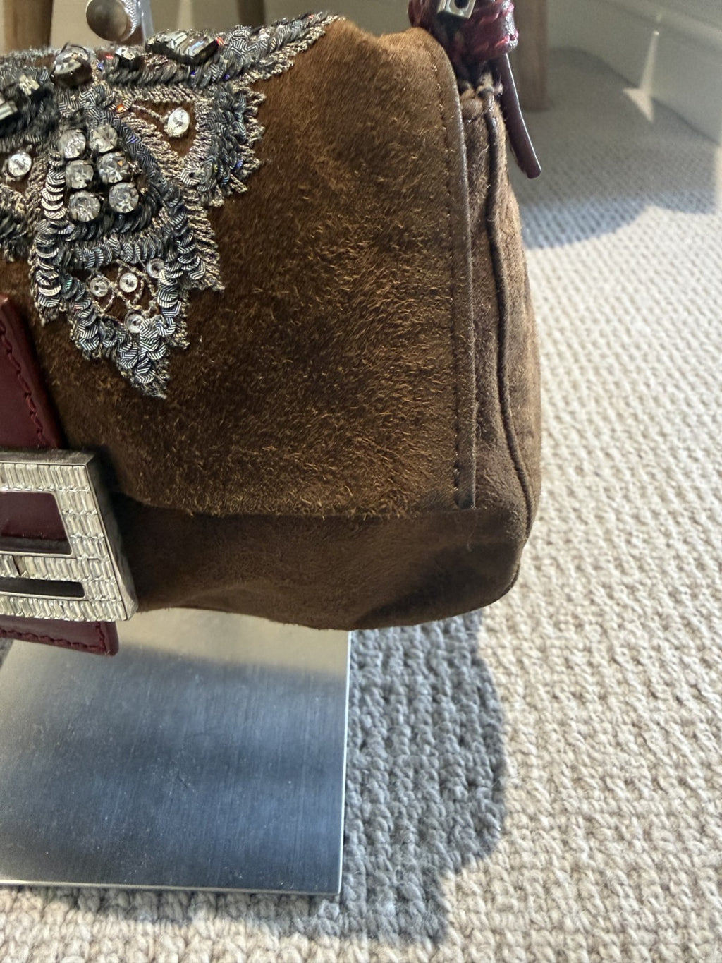 Fendi Mini Mamma Baguette — Chocolate Suede with Crystal Buckle