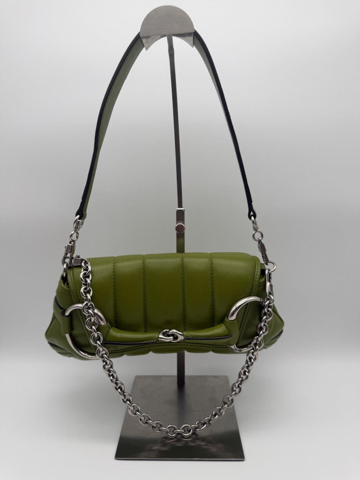 Gucci Horsebit Chain Small Shoulder Bag Green Quilted Leather Palladium