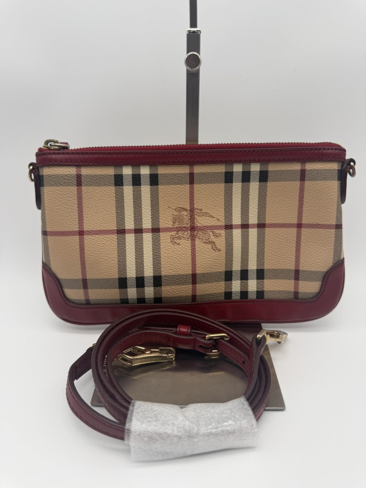 Burberry Peyton Crossbody — Haymarket Check & Red