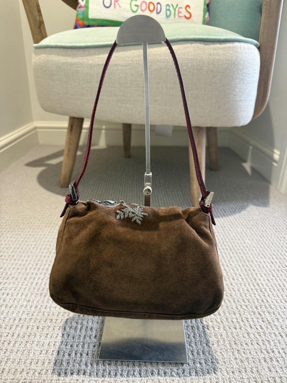 Fendi Mini Mamma Baguette — Chocolate Suede with Crystal Buckle