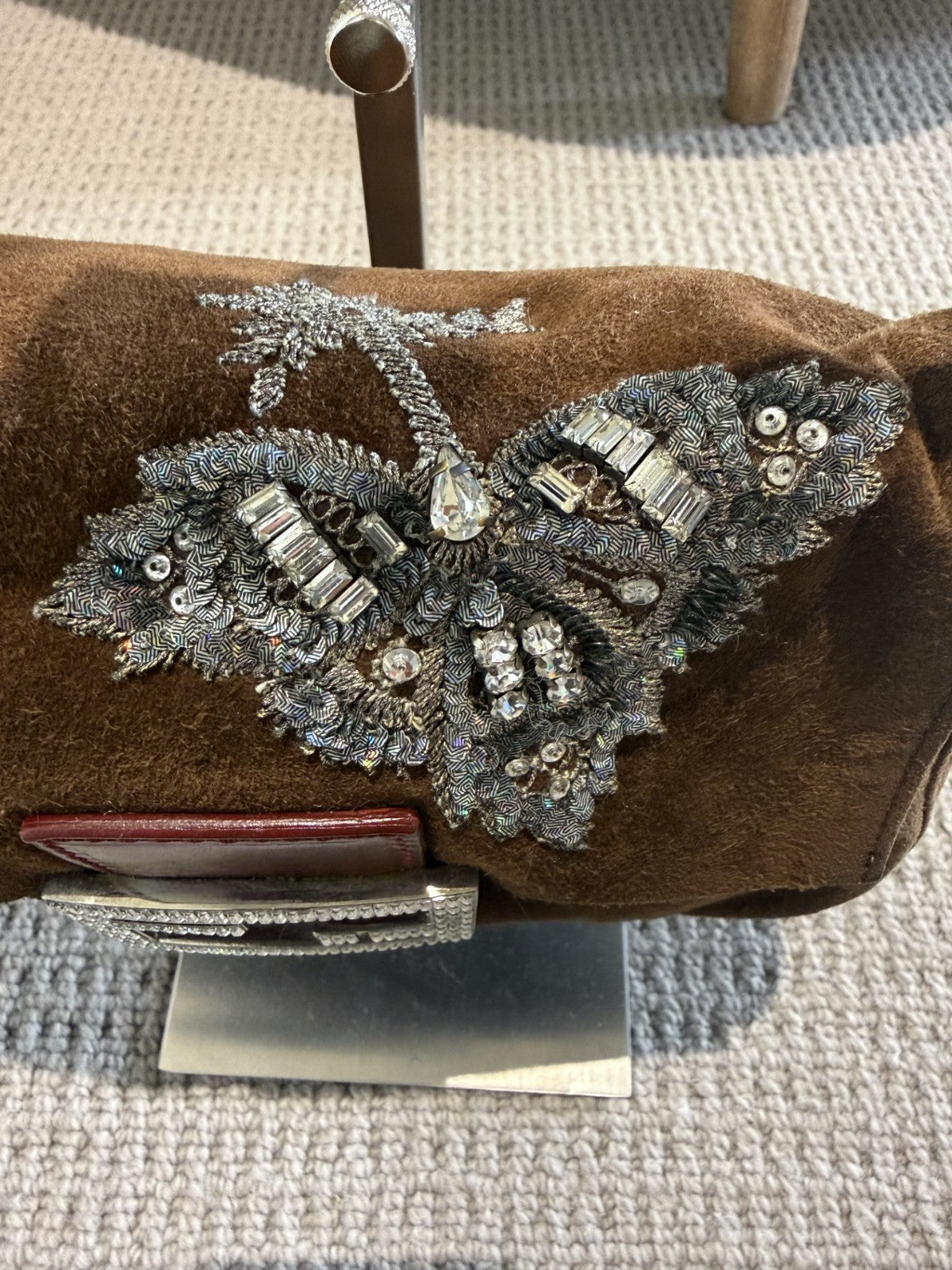 Fendi Mini Mamma Baguette — Chocolate Suede with Crystal Buckle