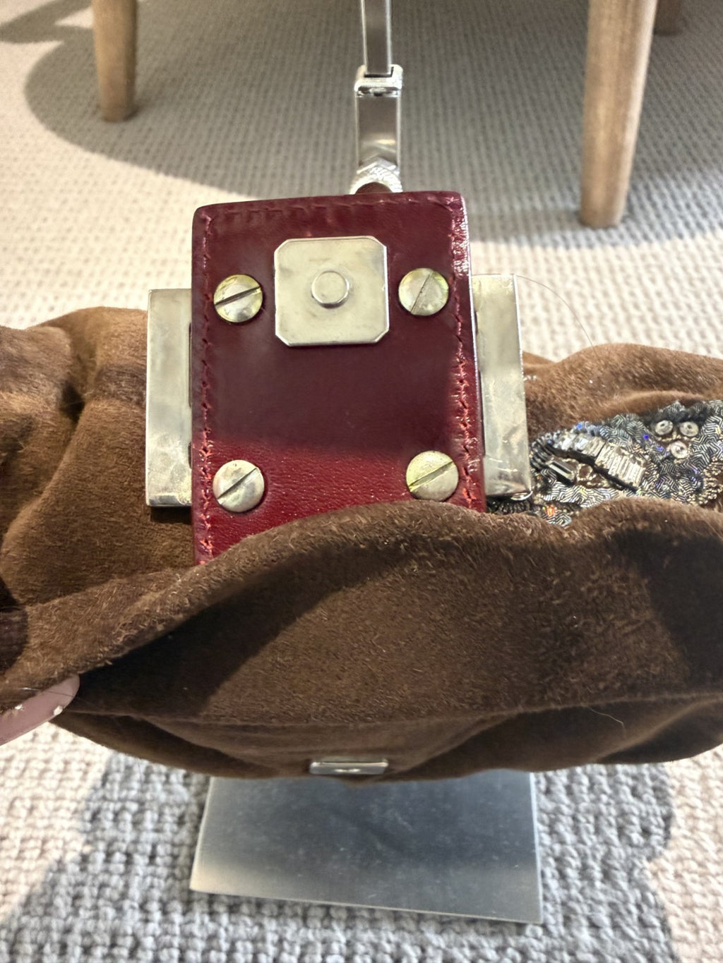 Fendi Mini Mamma Baguette — Chocolate Suede with Crystal Buckle