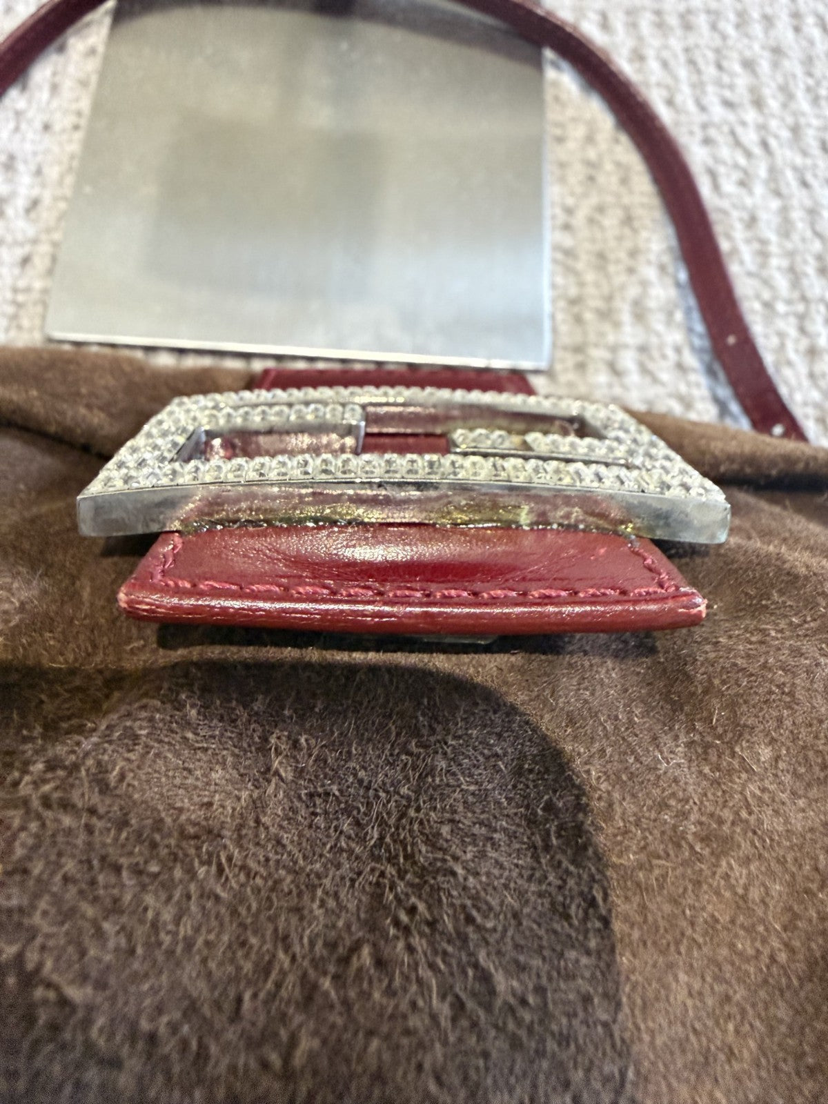 Fendi Mini Mamma Baguette — Chocolate Suede with Crystal Buckle