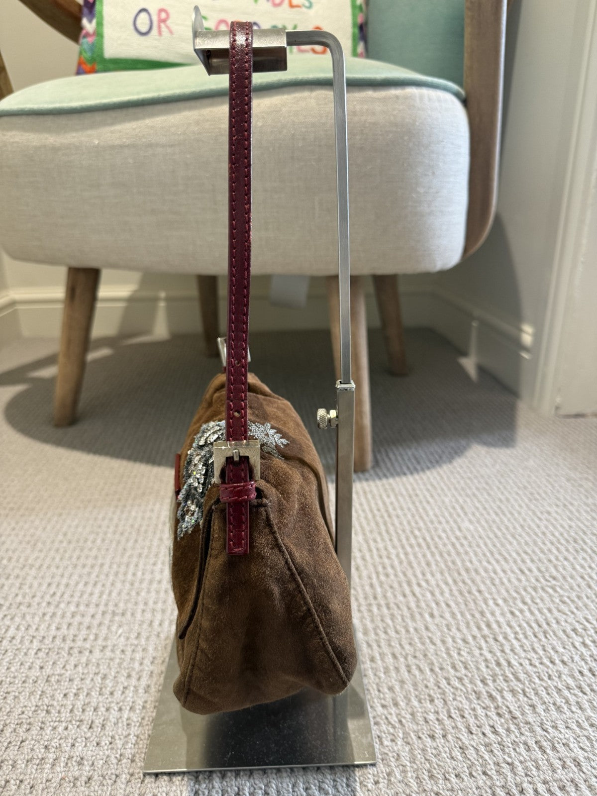 Fendi Mini Mamma Baguette — Chocolate Suede with Crystal Buckle
