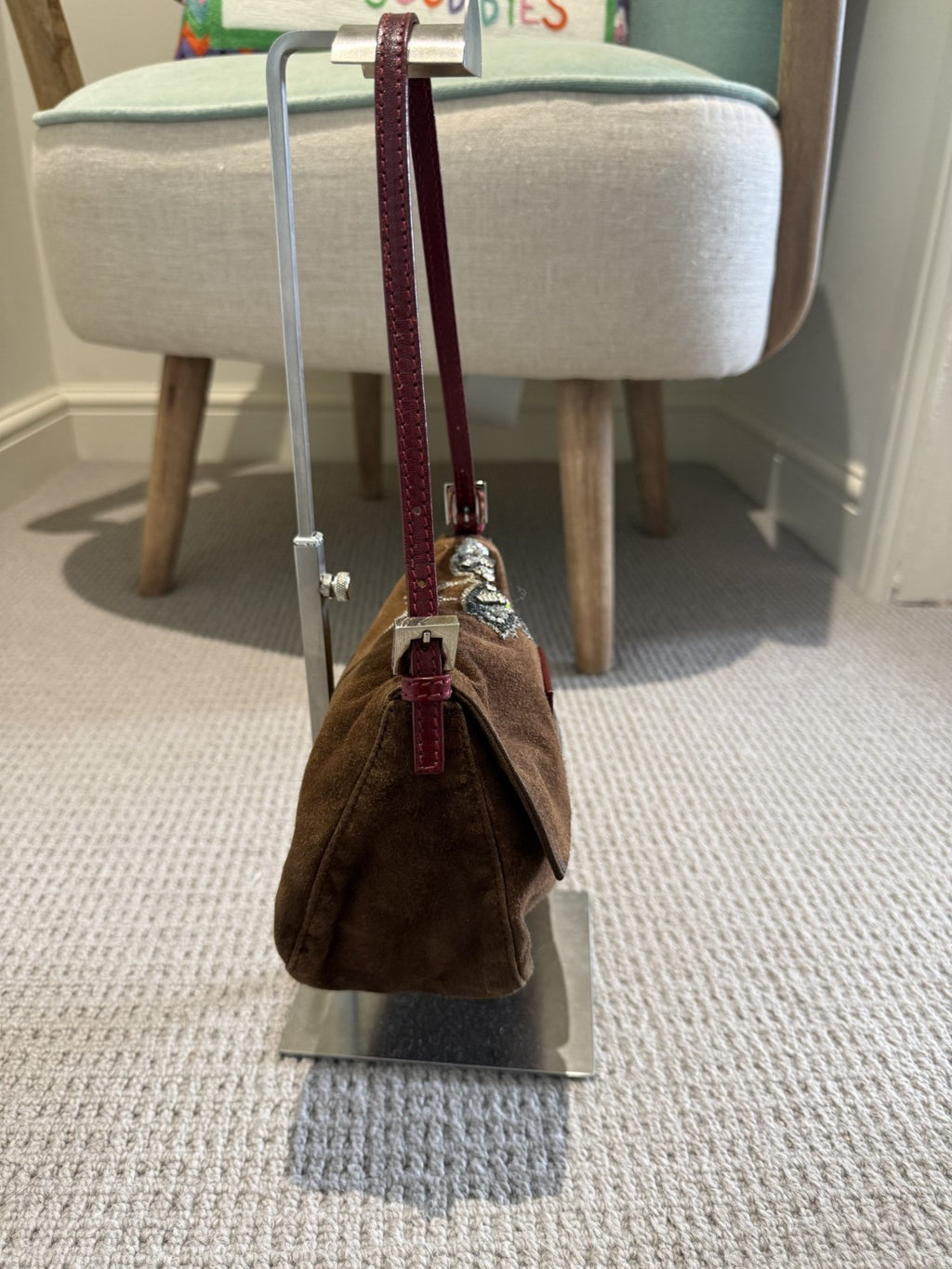 Fendi Mini Mamma Baguette — Chocolate Suede with Crystal Buckle